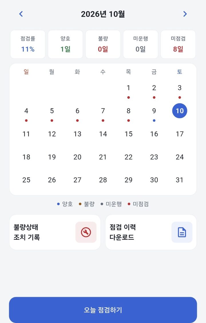 나는트러커 일상점검 달력에서 양호 불량 미운행 미점검 상태를 확인하는 화면